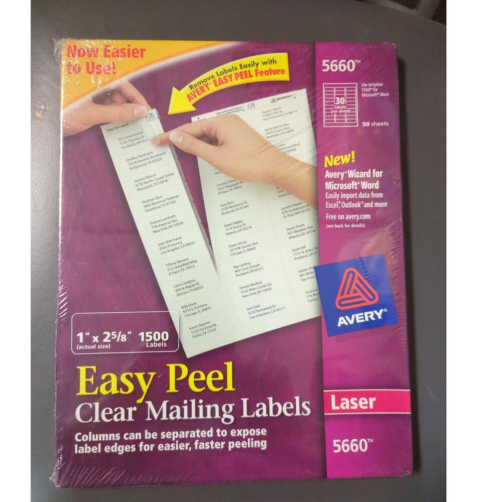 Avery 5660 1" x 2 5/8" Easy Peel Clear Mailing Labels 30 per sheet 1500 total